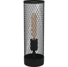 Lampă de masă neagră cu structură tip grilaj și sursă de lumină