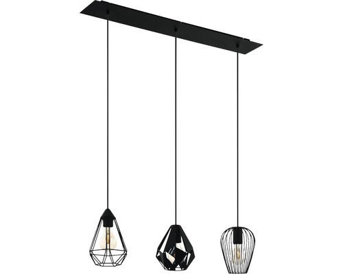 Lumină suspendată cu trei becuri cu abajururi geometrice
