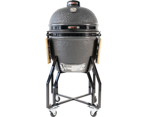 Grătar cu cărbuni Grill Guru Kamado Original L ceramică Ø 46 cm gri incl. suport mobil, 2 mese laterale pliante din bambus, termometru în capac