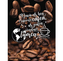 Ilustrație cu boabe de cafea și un citat.