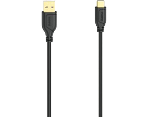 Cablu de date USB tip C 2.0 Hama Flexi-Slim 0,75m negru (conectori tată auriți) Cablu USB Hama cu conectori USB-A și USB-C