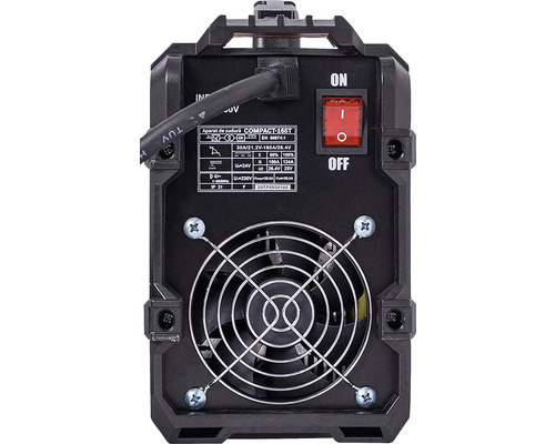 Imagine din spate a unui aparat de sudură cu comutator de alimentare și ventilator