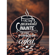 Ilustrație a unui bol umplut cu boabe de cafea și un citat despre cafea
