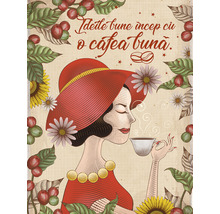 Ilustrație decorativă cu ceașcă de cafea, femeie, flori și boabe de cafea