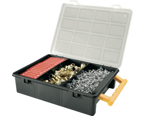 Cutie de sortiment umplută cu șuruburi, fitinguri și etichete