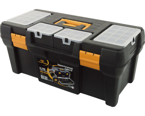 Cutie de scule neagră din plastic cu mâner și compartimente transparente în capac