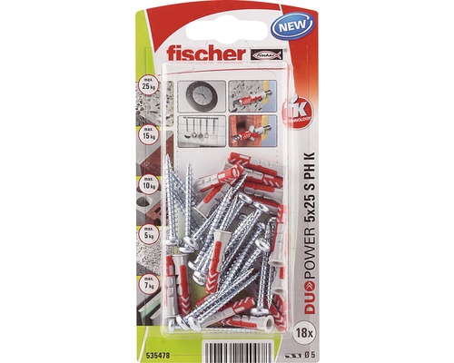 Dibluri plastic cu șurub Fischer DuoPower 5x25 mm, cap bombat, pachet 18 bucăți Set Fischer de dibluri și șuruburi, dimensiune 5x25 mm