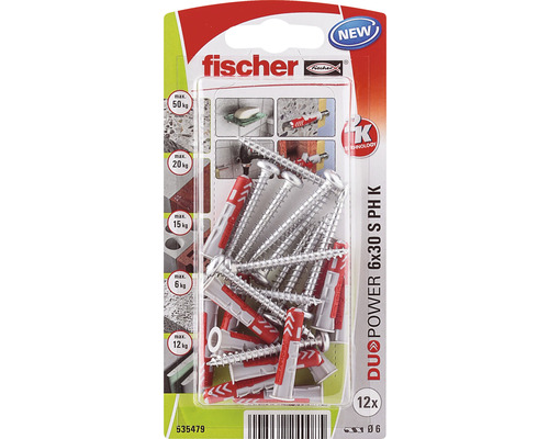 Dibluri plastic cu șurub Fischer DuoPower 6x30 mm, cap bombat, pachet 12 bucăți