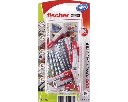 Dibluri plastic cu șurub Fischer DuoPower 8x40 mm, cap bombat, pachet 8 bucăți Pachet dibluri și șuruburi Fischer 8x40 S PH K