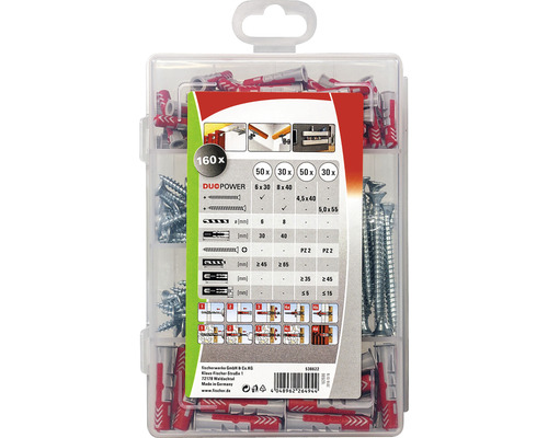 Cutie sortiment Fischer DuoPower cu 160 dibluri și șuruburi