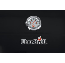 Vizualizare detaliată a unui grătar Char-Broil cu afișaj de temperatură și siglă de companie