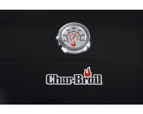 Vizualizare detaliată a unui grătar Char-Broil cu afișaj de temperatură și siglă de companie