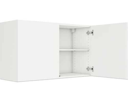 Dulap suspendat alb cu două uși deschise și o poliță