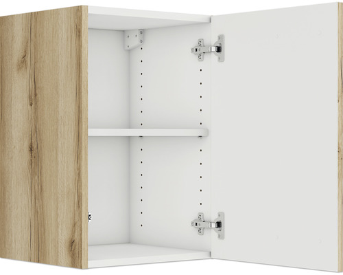 Dulap suspendat deschis cu o poliță și o ușă cu decor de lemn