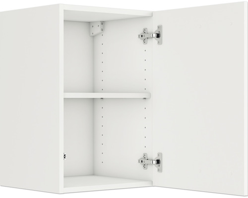 Dulap suspendat alb cu ușa deschisă și o poliță.