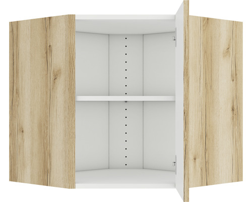 Dulap suspendat de colț deschis, cu rafturi și decor din lemn