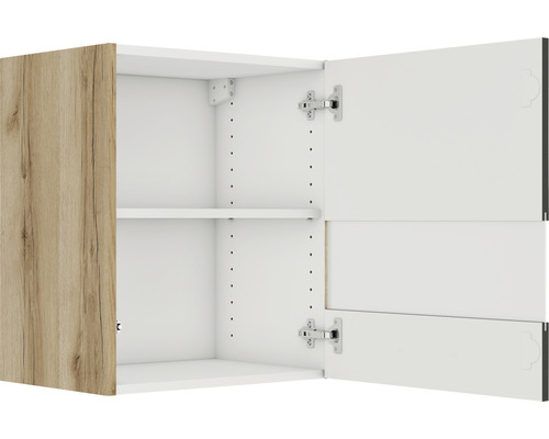 Dulap suspendat cu două uși deschise și un raft