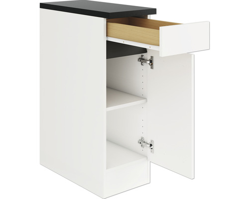 Dulap inferior cu sertar, raft și ușă deschisă