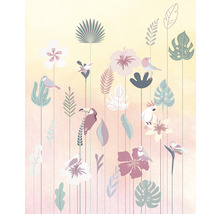Ilustrație cu flori, frunze și păsări tropicale
