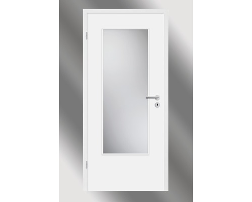 Ușă interioară albă cu inserție de sticlă și mâner