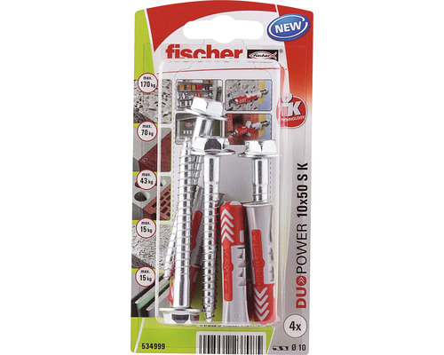 Dibluri plastic cu șurub Fischer DuoPower 10x50 mm, 4 bucăți Dibluri Fischer DuoPower 10x50 SK, set de patru