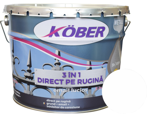 Email lucios anticoroziv Köber 3 în 1 Direct pe rugină alb 10 l Vopsea metalică Köber, 3 în 1 direct pe rugină, email lucios