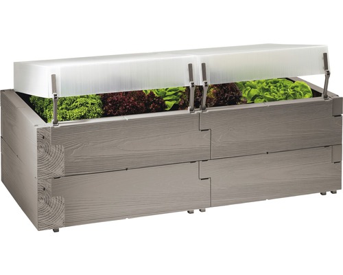 Răsadniță JUWEL Timber 2 nivele cu capace termice 130x60x52 cm gri aspect lemn Jardiniere înaltă din lemn cu salată și acoperire transparentă