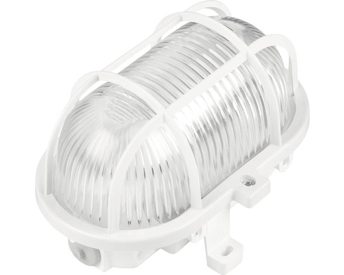 Lampă ovală albă 60W cu grilaj de protecție din plastic, protecție la umiditate IP44