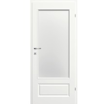 Ușă de interior albă cu panou de sticlă, mâner și încuietoare