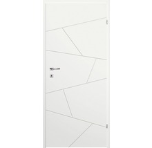 Ușă interioară albă cu design geometric, mâner și încuietoare