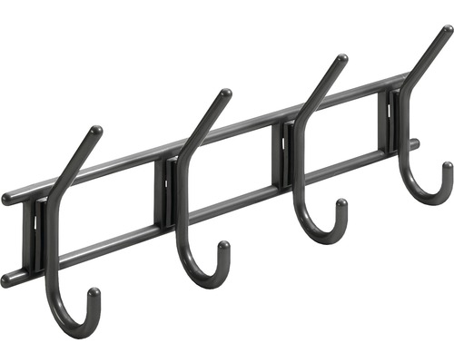 Cuier de perete cu 4x2 cârlige Hettich Budget 370x150x70 mm, plastic antracit Bara de haine cu patru cârlige pentru montaj pe perete