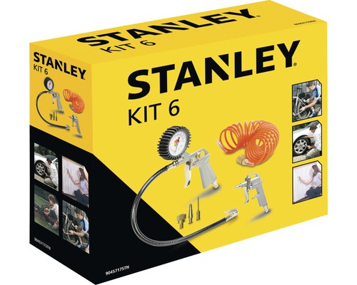 Stanley Kit 6 în cutie galbenă, constând dintr-un umflator de pneuri, un pistol de suflat și un furtun spiralat