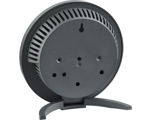 Partea din spate a unei stații meteo rotunde cu suport și dispozitiv de agățat