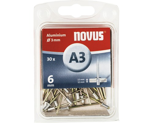 Nituri oarbe Novus aluminiu 3 mm, 30 bucăți, 6 mm