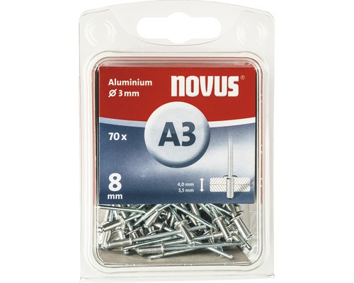 Nituri Novus A3, aluminiu, 3 mm diametru, 8 mm lungime, 70 bucăți