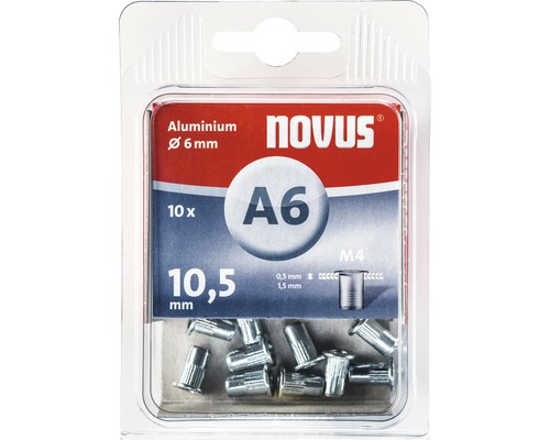 Nituri cu filet tip piuliță cu guler Novus M4 Ø6x10,5 mm, aluminiu, pachet 10 bucăți