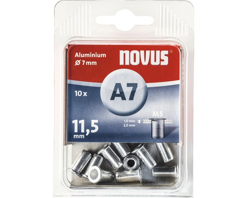 Nituri cu filet tip piuliță cu guler Novus M5 Ø7x11,5 mm, aluminiu, pachet 10 bucăți