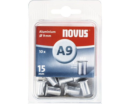 Nituri cu filet tip piuliță cu guler Novus M6 Ø9x15 mm, aluminiu, pachet 10 bucăți