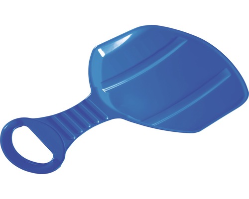 Lopată de zăpadă albastră din plastic cu mâner.