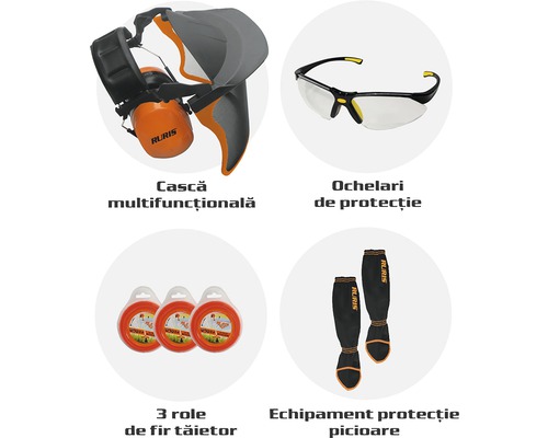 Cască multifuncțională, ochelari de protecție, trei role de fir de tăietor și echipament de protecție picioare