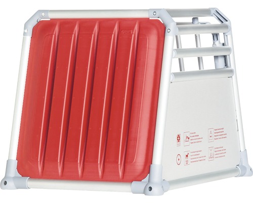 Cușcă pentru câini cu perete posterior din plastic roșu și cadru din aluminiu