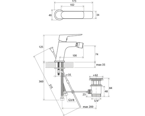 Desen tehnic al unui robinet cu dimensiuni
