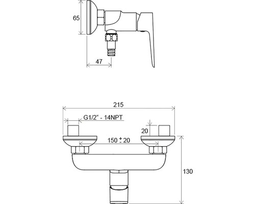 Desen tehnic al unui robinet de duș cu dimensiuni