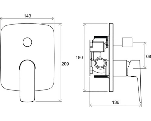 Desen tehnic al unui robinet încastrat cu dimensiuni