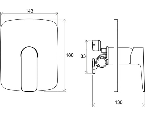 Desen tehnic al unui robinet încastrat cu dimensiuni