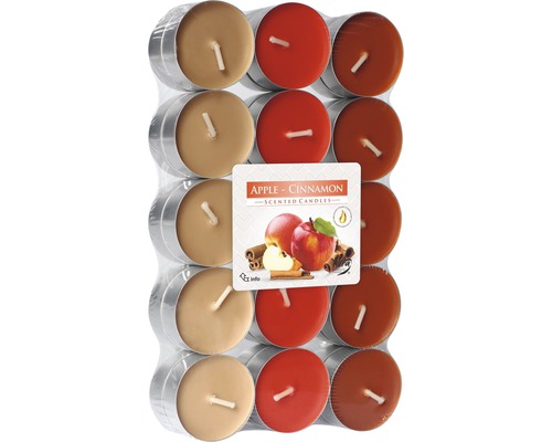 Set 30 lumânări pastile Bispol măr și scorțișoară P30-87, durata de ardere 4 h Lumânări parfumate tip pastilă cu parfum de măr și scorțișoară, pachet de 12 bucăți