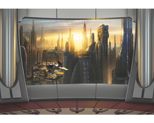 Fototapet hârtie 8-483 Disney Edition 4 Star Wars Courscant View 368x254 cm Vedere de la fereastră spre un oraș futurist cu navă spațială