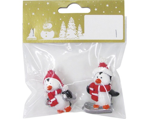 Set 2 decorațiuni pinguini 4,7 cm Două figurine pinguin cu căciulă și fular ca decorațiuni de Crăciun în ambalaj