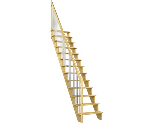 Scară laterală de interior Pertura Filia cu balustradă 13 pași pin netratat Scară din lemn cu balustradă metalică pentru interior