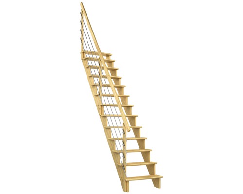 Scară laterală de interior Pertura Filia cu balustradă 13 pași pin netratat Scară din lemn cu balustradă din cablu de oțel